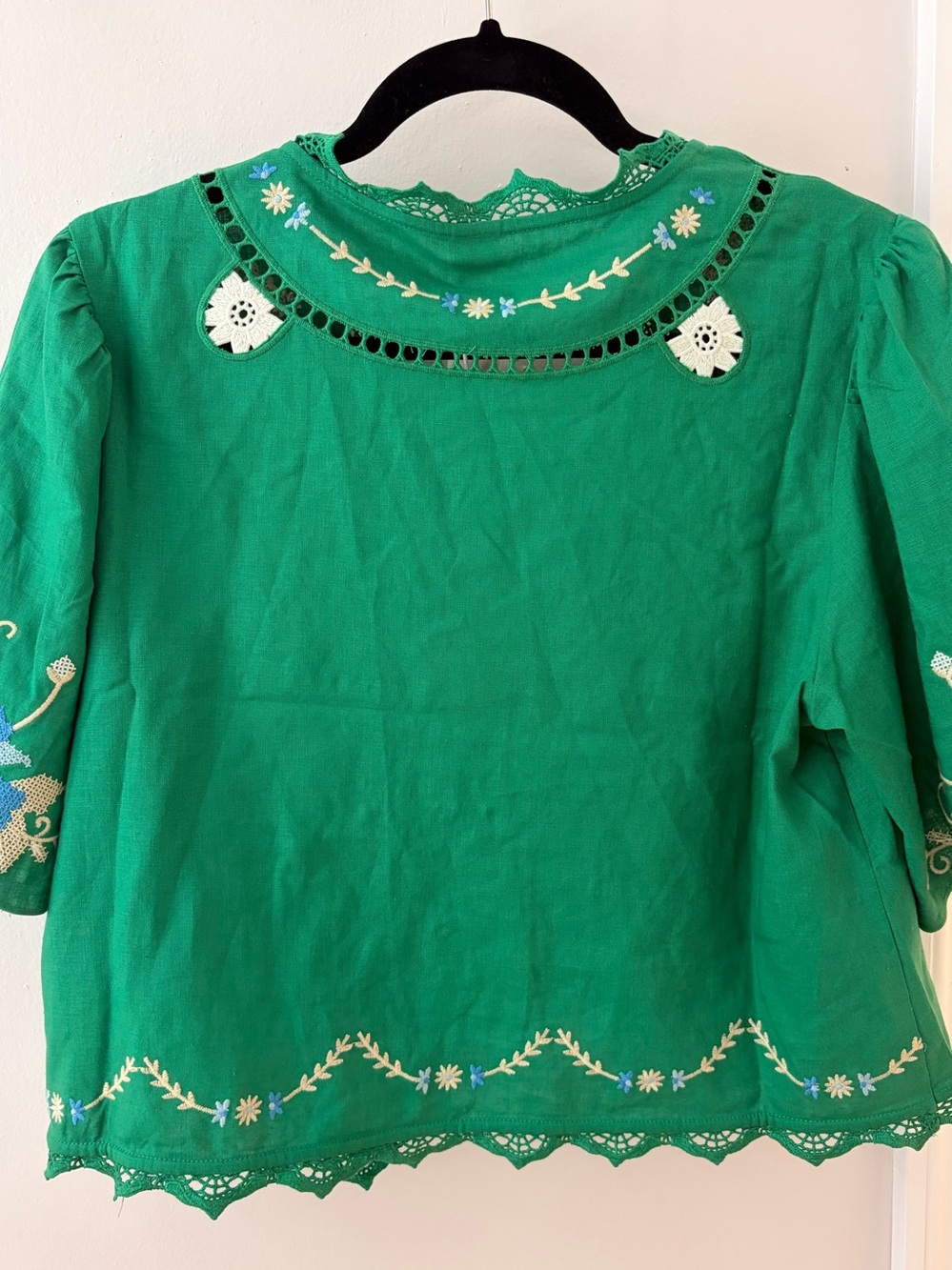 NWT Cotton/Linen Green Embroidered Tie Front Top - Picture 11 of 12